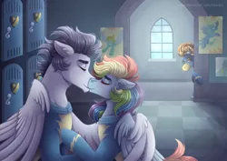 Size: 4960x3507 | Tagged: safe, artist:kikirdcz, derpibooru import, rainbow dash, soarin', spitfire, pegasus, pony, alternate hairstyle, clothes, commission, ear fluff, eyes closed, female, french kiss, hug, kissing, locker, locker room, male, mare, poster, raised hoof, shipping, soarindash, spying, stallion, straight, uniform, winghug, wonderbolts, wonderbolts uniform