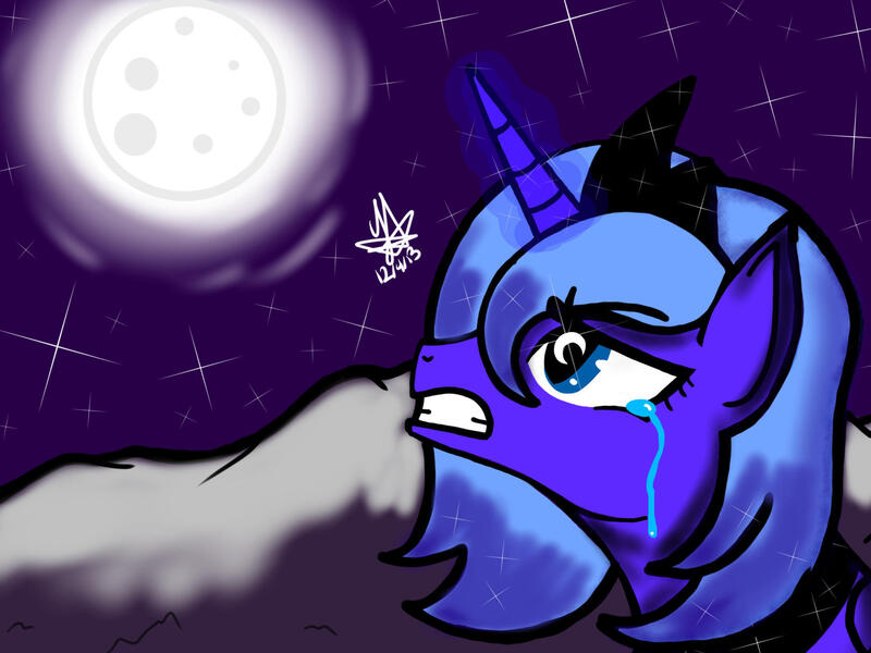 Size: 2048x1536 | Tagged: safe, artist:artmama113, derpibooru import, princess luna, alicorn, pony, bust, crying, female, full moon, jewelry, looking up, mare, moon, night, peytral, s1 luna, signature, solo, stars, tiara