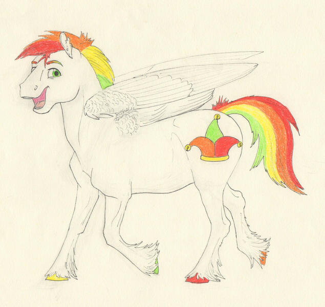 Size: 2065x1951 | Tagged: safe, artist:lady-limule, derpibooru import, oc, oc:harlequin, unofficial characters only, pegasus, pony, hoof fluff, open mouth, pegasus oc, raised hoof, solo, traditional art, wings