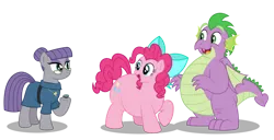 Size: 1280x657 | Tagged: safe, artist:aleximusprime, derpibooru import, boulder (pet), maud pie, pinkie pie, spike, dragon, earth pony, pony, flurry heart's story, adult, adult spike, bow, chubbie pie, chubby, fat, fat spike, glasses, hair bun, jewelry, necklace, older, older maude pie, older pinkie pie, older spike, pet rock, plump, pudgy pie, rock, simple background, transparent background, vector, winged spike