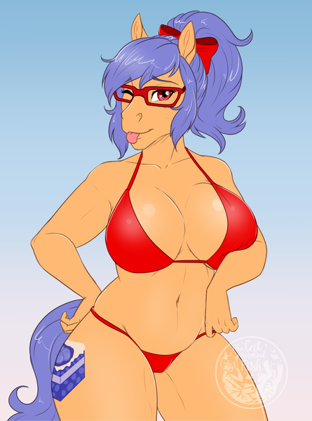 Size: 2449x3300 | Tagged: questionable, artist:askbubblelee, derpibooru import, oc, oc:blueberry crisp, unofficial characters only, anthro, earth pony, :p, absolute cleavage, adorasexy, anthro oc, beautiful, beautisexy, belly, belly button, big breasts, bikini, blue hair, boob squish, bow, breasts, cameltoe, cleavage, clothes, commission, curvy, cute, digital art, earth pony oc, eyebrows visible through hair, eyelashes, female, fupa, glasses, gradient background, hair bow, hand on hip, lips, one eye closed, panties, ponytail, red eyes, sexy, slightly chubby, smiling, string bikini, swimsuit, teasing, thick, thighs, thong, thong swimsuit, tongue out, tugging, underwear, wide hips, wink