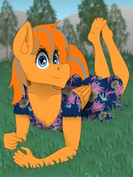Size: 900x1200 | Tagged: safe, artist:zeronitroman, derpibooru import, oc, oc:cold front, unofficial characters only, anthro, pegasus, plantigrade anthro, barefoot, clothes, crossdressing, dress, feet, femboy, girly, grass, image, lying down, lying in grass, male, pegasus oc, png, smiling at you, sundress, tree, wings
