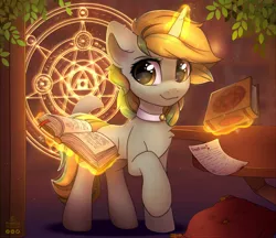 Size: 2057x1774 | Tagged: safe, artist:reterica, derpibooru import, oc, oc:golden eve, unofficial characters only, pony, unicorn, book, choker, eye clipping through hair, female, glowing horn, horn, looking at you, magic, magic circle, mare, raised hoof, smiling, solo, table, telekinesis