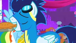 Size: 1280x720 | Tagged: safe, derpibooru import, screencap, rainbow dash, soarin', pegasus, pony, the best night ever, clothes, dress, female, folded wings, food, gala dress, holding onto something, male, pie, stallion, uniform, wings, wonderbolts, wonderbolts uniform