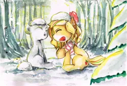 Size: 3312x2257 | Tagged: safe, artist:mashiromiku, derpibooru import, oc, oc:hollie, unofficial characters only, pony, bow, clothes, forest, scarf, snowman, snowmare, tree, winter