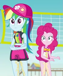 Size: 573x688 | Tagged: suggestive, artist:thedarkpony, derpibooru import, edit, edited screencap, screencap, pinkie pie, rainbow dash, equestria girls, equestria girls series, forgotten friendship, beach shorts swimsuit, clothes, cropped, female, fetish, geode of sugar bombs, geode of super speed, magical geodes, pee edit, peeing in shorts, pinkie pie's beach shorts swimsuit, pissing, rainbow dash's beach shorts swimsuit, shorts, swim shorts, swimsuit, urine, watersports, wet shorts, wetting