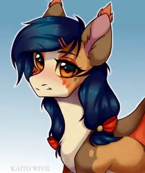 Size: 908x1080 | Tagged: safe, artist:kaitowivil, derpibooru import, oc, oc:ratta, unofficial characters only, bat pony, pony, bow, bust, commission, female, mare, ponytails, portrait, solo