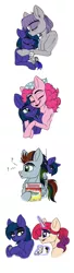 Size: 682x2512 | Tagged: safe, artist:celestial-rainstorm, derpibooru import, maud pie, pinkie pie, oc, oc:azurite, oc:prism storm, oc:splendor, pony, female, hug, male, mare, offspring, parent:maud pie, parent:mud briar, parent:oc:glittering facet, parent:oc:harpsichord, parent:rainbow dash, parent:soarin', parents:maudbriar, parents:oc x oc, parents:soarindash, simple background, stallion, white background