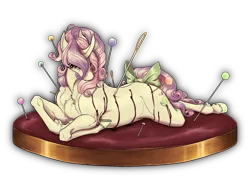 Size: 2000x1500 | Tagged: grimdark, artist:dementra369, derpibooru import, sweetie belle, pony, unicorn, blood, colored hooves, crying, eyes closed, goretober, hoers, impalement, lying down, needle, pincushion, pins, prone, realistic horse legs, sewing needle, simple background, solo, transparent background