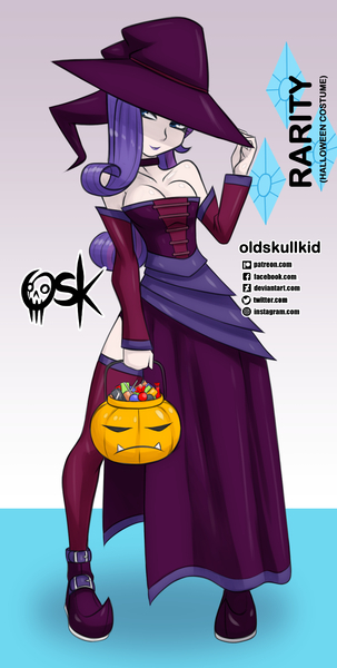 Size: 984x1951 | Tagged: alternate version, artist:oldskullkid, breasts, busty rarity, cleavage, clothes, costume, derpibooru import, halloween, halloween costume, hat, holiday, human, humanized, pumpkin bucket, rarity, safe, witch, witch costume, witch hat