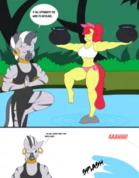 Size: 2048x2618 | Tagged: safe, artist:matchstickman, derpibooru import, apple bloom, zecora, anthro, earth pony, plantigrade anthro, zebra, tumblr:where the apple blossoms, abs, apple bloom's bow, apple brawn, armpits, balancing, barefoot, biceps, bow, breasts, busty apple bloom, busty zecora, clothes, comic, cutie mark, dialogue, dress, duo, everfree forest, eyes closed, falling, feet, female, hair bow, image, looking sideways, matchstickman's apple brawn series, muscles, muscular female, older, older apple bloom, one eye closed, one leg raised, pecs, png, pot, side slit, speech bubble, splash, sports bra, standing, the cmc's cutie marks, thighs, thunder thighs, training, tumblr comic, underwear, water
