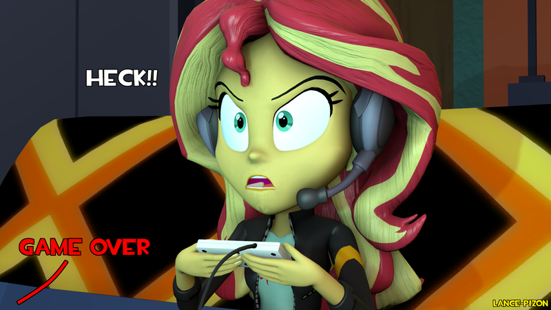 Size: 1920x1080 | Tagged: safe, artist:lance-pizon, derpibooru import, sunset shimmer, equestria girls, equestria girls series, game stream, spoiler:eqg series (season 2), 3d, angry, angry video game nerd, gamer sunset, headphones, heck, parody, psycho gamer sunset, source filmmaker