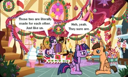 Size: 954x572 | Tagged: safe, artist:platinumdrop, derpibooru import, starlight glimmer, twilight sparkle, twilight sparkle (alicorn), oc, oc:brandon, alicorn, canon x oc, dialogue, eating, food, request, speech bubble, sugar cane