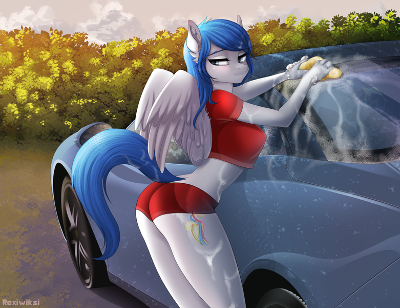 Size: 1500x1152 | Tagged: questionable, artist:rexiwiksi, derpibooru import, oc, oc:graceful motion, unofficial characters only, anthro, pegasus, breasts, car, clothes, female, image, png, solo