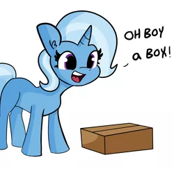 Size: 2250x2184 | Tagged: safe, artist:tjpones, derpibooru import, edit, trixie, pony, unicorn, cardboard box, female, mare, oh boy, simple background, solo, text, white background