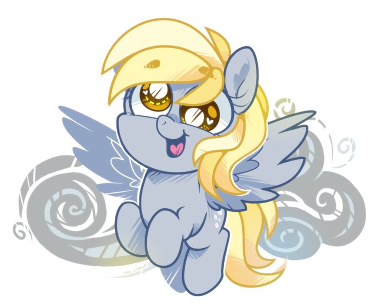 Size: 956x774 | Tagged: safe, artist:yokokinawa, derpibooru import, derpy hooves, pegasus, big eyes, chibi, cloud, cute, derpabetes, flying, heart eyes, open mouth, solo, wingding eyes, wings