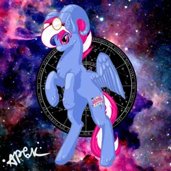 Size: 1920x1920 | Tagged: safe, artist:miscellanea_apgk, derpibooru import, oc, oc:steam loco, unofficial characters only, pegasus, pony, sheep, aries, commission, goggles, male, pegasus oc, ram, sign, solo, space, spread wings, wings, ych result