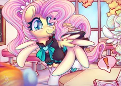 Size: 1920x1358 | Tagged: safe, artist:musicfirewind, derpibooru import, fluttershy, rainbow dash, vapor trail, pegasus, pony, cafe, clothes, colored pupils, cute, dress, exclamation point, female, fluttermaid, food, heart eyes, maid, maid cafe, mare, offscreen character, pancakes, shyabetes, socks, solo focus, speech bubble, spread wings, wingding eyes, wings
