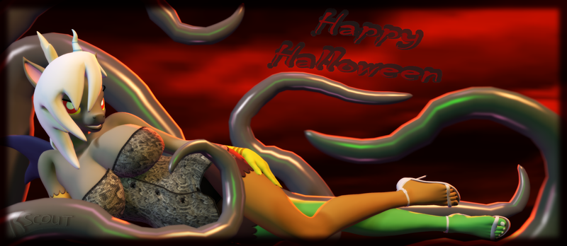 Size: 1887x820 | Tagged: suggestive, artist:rscout48, derpibooru import, discord, anthro, draconequus, plantigrade anthro, 3d, bodice, breasts, busty eris, clothes, eris, halloween, high heels, holiday, looking at you, rule 63, sfm pony, shoes, source filmmaker, tentacles