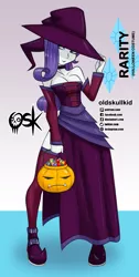 Size: 984x1951 | Tagged: safe, artist:oldskullkid, derpibooru import, rarity, equestria girls, boots, candy, choker, clothes, corset, dress, food, halloween, hat, holiday, legs, pumpkin, shoes, witch, witch hat
