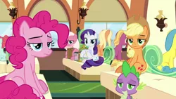 Size: 1920x1080 | Tagged: safe, derpibooru import, screencap, amber grain, applejack, ballet jubilee, fire flicker, fuchsia frost, lemon hearts, pinkie pie, rarity, spike, dragon, earth pony, pony, unicorn, the last problem, applejack is not amused, bag, confused, female, female pov, friendship student, male, offscreen character, pinkie pie is not amused, pov, saddle bag, sitting, spike is not amused, train, unamused, winged spike, you got the whole squad laughing