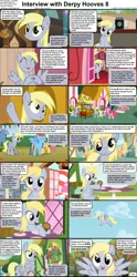 Size: 1282x2590 | Tagged: safe, artist:agrol, derpibooru import, cloud kicker, derpy hooves, dizzy twister, merry may, minuette, orange swirl, pinkie pie, rainbow dash, earth pony, pegasus, pony, comic:celestia's servant interview, background pony, caption, cs captions, cute, dartboard, derpabetes, diapinkes, everypony plays sports games, female, food, holding, interview, looking at you, mare, market stall, muffin, ponyville