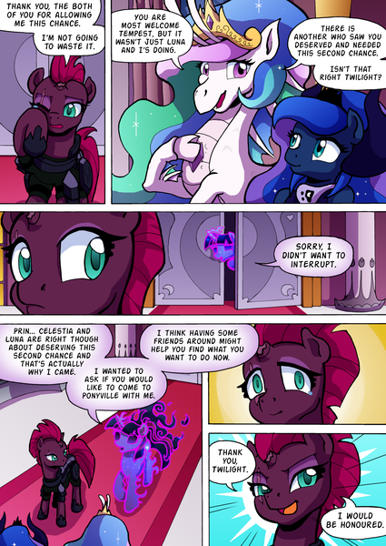 Size: 2408x3400 | Tagged: safe, artist:tarkron, derpibooru import, princess celestia, princess luna, tantabus, tempest shadow, twilight sparkle, centaur, siren, unicorn, comic:shadows of the past (tarkron), series:creature-verse, armor, broken horn, canterlot castle, centaurified, comic, commission, crown, crying, door, doorway, female, gem, horn, jewelry, regalia, royal sisters, royalty, siblings, siren gem, sirenified, sisters, species swap, tantabus sparkle, tantabusified, wiping tears