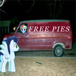 Size: 600x600 | Tagged: safe, anonymous editor, artist:chainchomp2 edit, artist:dashiesparkle, derpibooru import, edit, vector edit, rainbow dash, soarin', pegasus, pony, female, food, free candy, irl, male, meme, photo, pie, ponies in real life, rape van, real life background, seems legit, spread wings, text, that pony sure does love pies, this will end in death, this will end in tears, this will end in tears and/or death, this will not end well, truck, vector, wingboner, wings