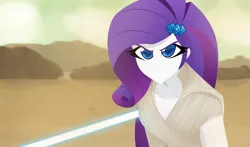 Size: 4448x2622 | Tagged: safe, artist:xan-gelx, derpibooru import, rarity, equestria girls, clothes, colored pupils, commission, cosplay, costume, crossover, high res, lightsaber, rey, solo, star wars, weapon