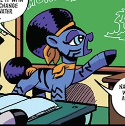 Size: 257x259 | Tagged: safe, artist:andypriceart, derpibooru import, idw, zecora, zebra, spoiler:comic90, afro, classroom, comic, desk, ms. alegre, preview, school, season 10