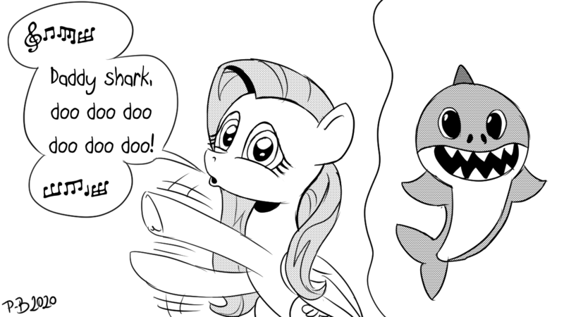 Size: 1200x675 | Tagged: safe, artist:pony-berserker, derpibooru import, fluttershy, pegasus, pony, shark, baby shark, duo, female, folded wings, frog (hoof), grayscale, looking at you, mare, monochrome, music notes, open mouth, pony-berserker's twitter sketches, singing, speech bubble, underhoof, wings