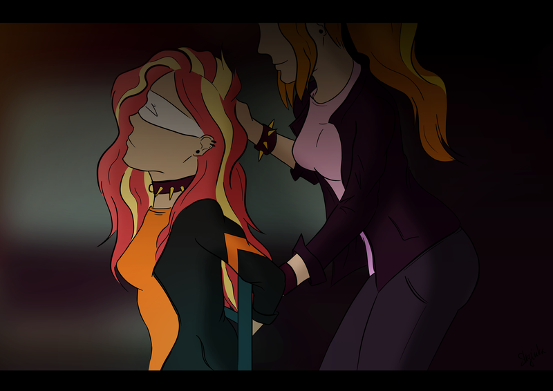 Size: 4961x3508 | Tagged: suggestive, artist:minegirl007, artist:shyinka, derpibooru import, adagio dazzle, sunset shimmer, human, equestria girls, a-domme-gio, alternate hairstyle, arm behind back, bdsm, blindfold, bondage, bracelet, breasts, chair, clothes, collar, ear piercing, earring, female, femdom, femsub, humanized, jacket, jeans, jewelry, leather jacket, lesbian, pants, piercing, shipping, shirt, spiked collar, spiked wristband, submissive, subset, sunsagio, t-shirt, tied to chair, wristband