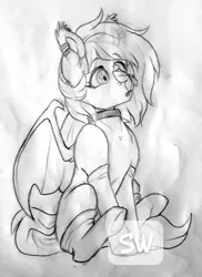 Size: 699x960 | Tagged: safe, artist:silentwolf-oficial, derpibooru import, oc, unofficial characters only, bat pony, butterfly, insect, pony, bat pony oc, bat wings, choker, clothes, grayscale, lineart, looking up, monochrome, sitting, socks, solo, traditional art, underhoof, watermark, wings