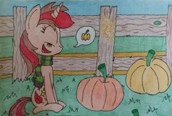 Size: 1180x800 | Tagged: safe, artist:emilz-the-half-demon, derpibooru import, oc, oc:pyre quill, unicorn, pumpkin, traditional art