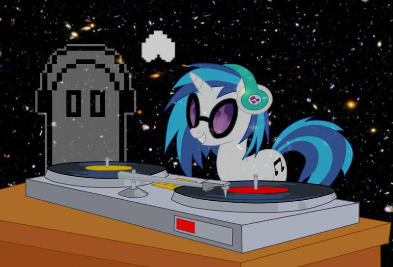 Size: 1177x800 | Tagged: safe, artist:emilz-the-half-demon, derpibooru import, vinyl scratch, unicorn, crossover, napstablook, record, undertale