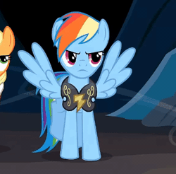 Size: 380x374 | Tagged: safe, derpibooru import, screencap, applejack, commander hurricane, rainbow dash, smart cookie, earth pony, pegasus, pony, hearth's warming eve (episode), angry, animated, armor, cave, cropped, cute, dancing, dashabetes, horses doing horse things, madorable, stomping, wind