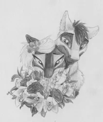 Size: 1937x2283 | Tagged: safe, artist:joestick, derpibooru import, oc, oc:arcalia, oc:kass, earth pony, pony, blank flank, duo, female, flower, flower in hair, grayscale, male, mare, monochrome, pinto, siblings, socks (coat marking), stallion, traditional art