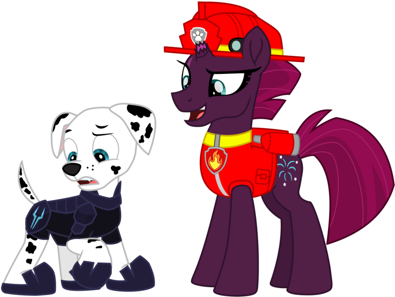 Size: 10187x7651 | Tagged: safe, artist:ejlightning007arts, derpibooru import, fizzlepop berrytwist, tempest shadow, dalmatian, dog, unicorn, series:sprglitemplight diary, series:sprglitemplight life jacket days, series:springshadowdrops diary, series:springshadowdrops life jacket days, armor, broken horn, clothes, confused, costume, costume swap, crossover, cute, female, horn, male, marshall (paw patrol), open mouth, paw patrol, simple background, transparent background