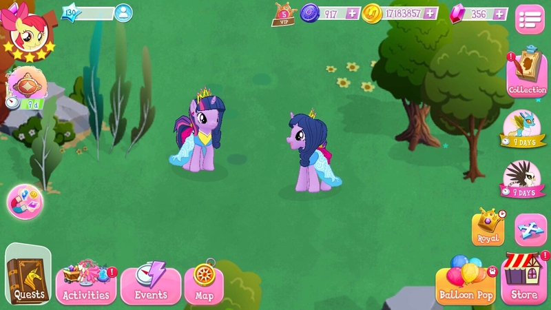 Size: 1280x720 | Tagged: safe, derpibooru import, screencap, apple bloom, glenda, twilight sparkle, twilight sparkle (alicorn), urtica, alicorn, pony, clothes, crown, disguise, disguised changeling, dress, female, gameloft, gem, jewelry, mare, regalia, self ponidox, tree