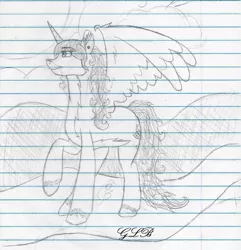 Size: 1135x1178 | Tagged: safe, artist:twin-fan, derpibooru import, oc, unofficial characters only, alicorn, pony, alicorn oc, female, horn, lineart, lined paper, mare, raised hoof, signature, solo, traditional art, unshorn fetlocks, wings