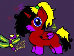 Size: 2048x1536 | Tagged: safe, artist:artmama113, derpibooru import, oc, unofficial characters only, alicorn, dragonfly, insect, pony, alicorn oc, female, filly, horn, parents:oc x oc, purple background, signature, simple background, smiling, two toned wings, wings