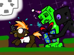 Size: 2048x1536 | Tagged: safe, artist:artmama113, derpibooru import, button mash, earth pony, enderman, pony, 2013, colt, creeper, full moon, hat, male, minecraft, moon, mouth hold, night, party hat, present, sad, signature