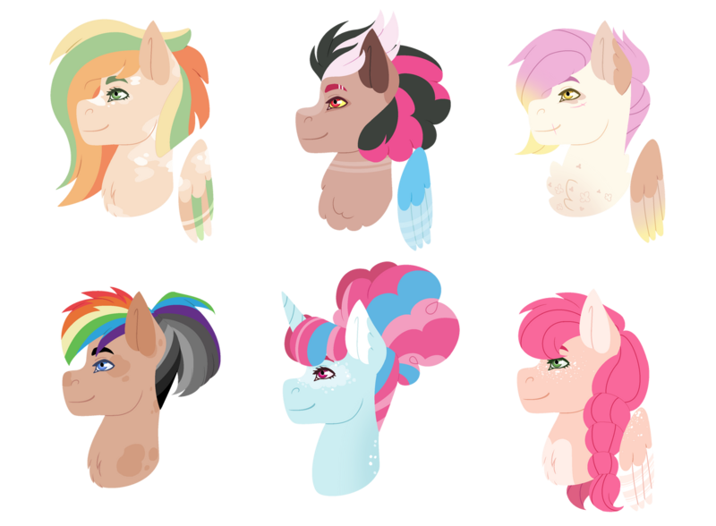 Size: 1280x941 | Tagged: safe, artist:xxdifferentrealityxx, derpibooru import, oc, unofficial characters only, earth pony, hippogriff, hybrid, pegasus, pony, unicorn, bust, draconequus hybrid, earth pony oc, freckles, horn, interspecies offspring, magical lesbian spawn, next generation, offspring, parent:applejack, parent:big macintosh, parent:discord, parent:fluttershy, parent:gilda, parent:party favor, parent:pinkie pie, parent:quibble pants, parent:rainbow dash, parents:appledash, parents:discopie, parents:fluttermac, parents:gildashy, parents:partypie, parents:quibbledash, pegasus oc, simple background, transparent background, unicorn oc, wings