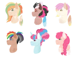 Size: 1280x941 | Tagged: safe, artist:xxdifferentrealityxx, derpibooru import, oc, unofficial characters only, earth pony, hippogriff, hybrid, pegasus, pony, unicorn, bust, draconequus hybrid, earth pony oc, freckles, horn, interspecies offspring, magical lesbian spawn, next generation, offspring, parent:applejack, parent:big macintosh, parent:discord, parent:fluttershy, parent:gilda, parent:party favor, parent:pinkie pie, parent:quibble pants, parent:rainbow dash, parents:appledash, parents:discopie, parents:fluttermac, parents:gildashy, parents:partypie, parents:quibbledash, pegasus oc, simple background, transparent background, unicorn oc, wings