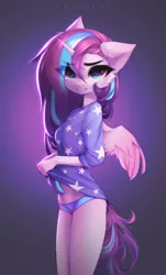 Size: 2424x4007 | Tagged: suggestive, artist:tomness, derpibooru import, princess flurry heart, alicorn, anthro, pony, adult, breasts, cheek fluff, clothes, cute, eye clipping through hair, female, floppy ears, horn, lifted shirt, looking at you, older, older flurry heart, panties, shirt, simple background, smiling, solo, solo female, underwear, wings