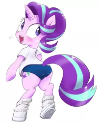 Size: 971x1200 | Tagged: safe, artist:k-nattoh, derpibooru import, starlight glimmer, pony, unicorn, bipedal, blushing, butt, clothes, glimmer glutes, looking back, plot, shoes, socks, solo