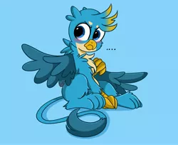 Size: 4096x3327 | Tagged: safe, artist:kittyrosie, derpibooru import, gallus, gryphon, ..., blue background, blushing, chest fluff, cute, frown, gallabetes, leg fluff, male, simple background, sitting, solo, spread wings, tsundere, wings