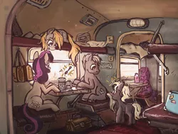 Size: 1440x1080 | Tagged: safe, artist:agm, derpibooru import, berry punch, berryshine, bon bon, derpy hooves, sweetie drops, oc, earth pony, pegasus, pony, unicorn, bag, cup holder, female, filly, glowing horn, horn, indoors, looking out the window, lying down, magic, male, mare, radio, saddle bag, sitting, smiling, spoon, stallion, suitcase, table, telekinesis, train, unshorn fetlocks, window, wings