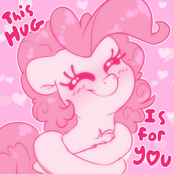 Size: 2000x2000 | Tagged: safe, artist:fluffyxai, derpibooru import, pinkie pie, earth pony, pony, blushing, bronybait, chest fluff, cute, daaaaaaaaaaaw, diapinkes, eyes closed, female, fluffy, happy, heart, hug, limited palette, mare, self-hugging, simple background, smiling, solo, text