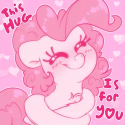 Size: 2000x2000 | Tagged: safe, artist:fluffyxai, derpibooru import, pinkie pie, earth pony, pony, blushing, bronybait, chest fluff, cute, daaaaaaaaaaaw, diapinkes, eyes closed, female, fluffy, happy, heart, hug, limited palette, mare, self-hugging, simple background, smiling, solo, text